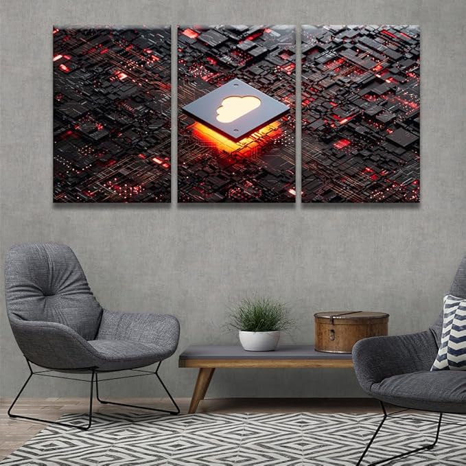 LSIUHWUWI 3 Panel Modern Wall Art CPU Cloud Computing Pictures Print on Canvas Wall Art for Bedroom Living Room Home Office Wall Decorations Framed Ready to Hang 16x24inchx3