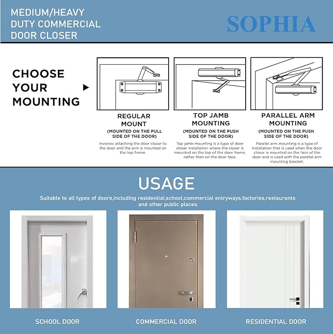 SOPHIA Door Closer Commercial Grade 1, Automatic Door Closer Heavy Duty, Fully Adjustable for 44-330LBS Doors, Auto Door Closure High Traffic Areas - ADA Compliant & UL Listed, Matte Black, DK8000