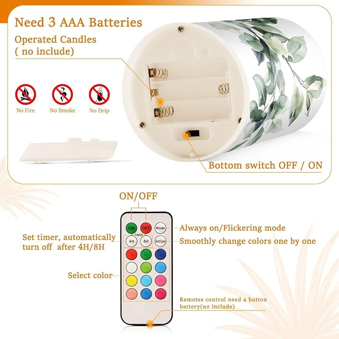 Watercolour Leaf Pattern Flameless Candles Color Changing LED Candles with Remote Control Battery Candles for Outdoor and Indoor Home and Room Decoration, 3'' x 4''/5'' Set of 2 Pieces