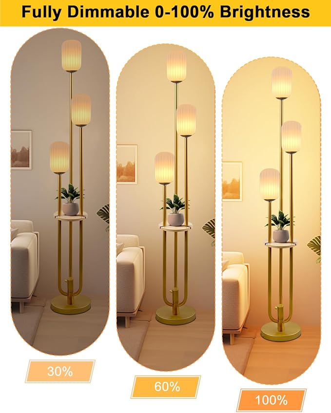 Lightdot Dimmable Floor Lamp with Shelf, Modern Gold Tall Floor Lamps with Oval Striped Lampshade for Wedding/Party, 3000K Bulb Included 3-Lights Standing Lamp for Living Room/Sofa Beside/Corner Decor