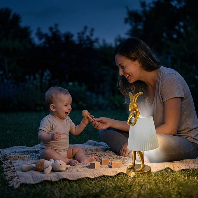 Cordless Rabbit Table Lamp Rechargeable LED 5000mAh, 15.7” Cute Decorative Night Light with Linen Shade & Gold-Tone Bunny Design, Portable Touch Dimmable Bedside Lamp for Bedroom, Home Decor (gray)