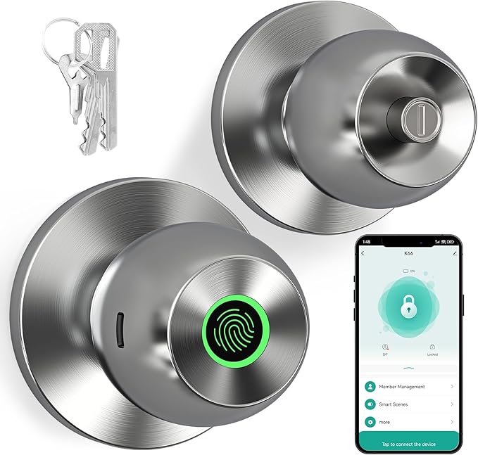 52HZ Smart Fingerprint Door Lock, 3 in 1 Finger Print Door Knob with Tuya App Control & Key, Auto Lock, Thumbprint Keyless Entry Door Lock for Front Door, Home, Apartment, Office, Satin Nickel
