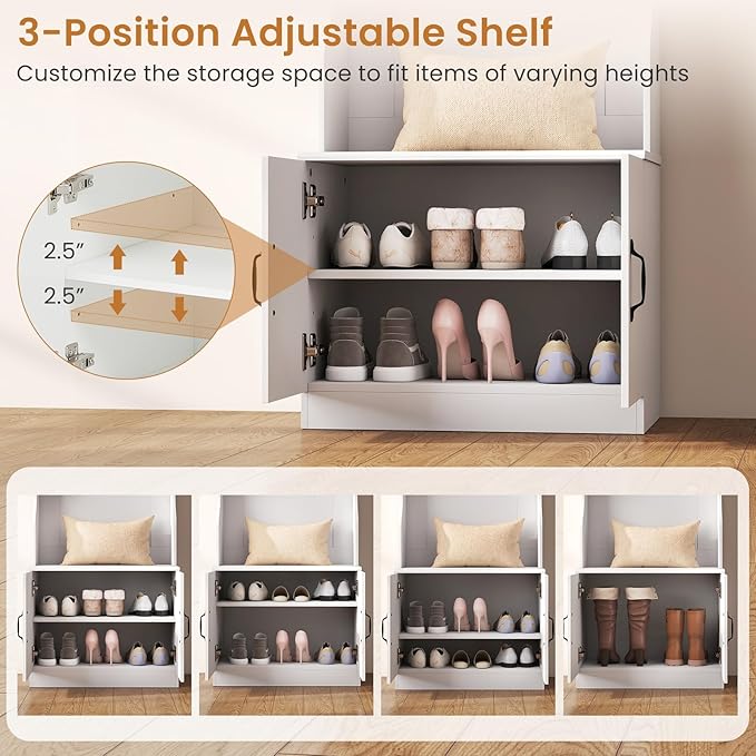 Giantex 3-in-1 Hall Tree with Bench and Shoe Storage, 23.5" Tall Coat Rack with Adjustable Shelves, 4 Hanging Hooks, 2-Door Cabinets, Modern Mudroom Storage Organizer for Living Room, Hallway