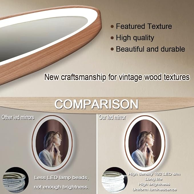 20 x 30 Inch Bathroom LED Oval Wood Mirror with Light Wood Frame Oval Lighted Vanity Mirror with Lights for Bathroom Wall Mounted Smart Memory 3 Color Dimmable AntiFog Wooden Grain