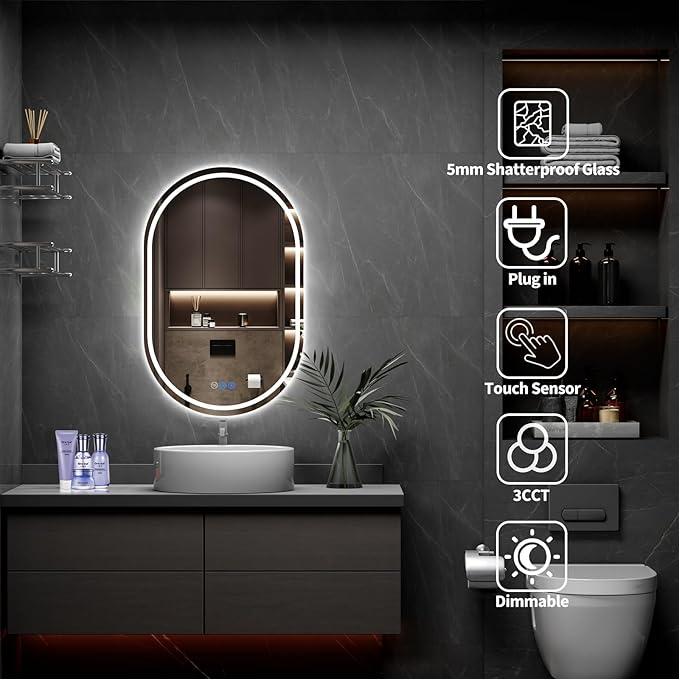 Oval LED Bathroom Mirror, 22"x 36" Frameless LED Mirror with Front Light and Backlit, Anti-Fog, Dimmable Modern Wall Mounted Lighted Mirror，Pill-Shaped Smart Mirror Bathroom