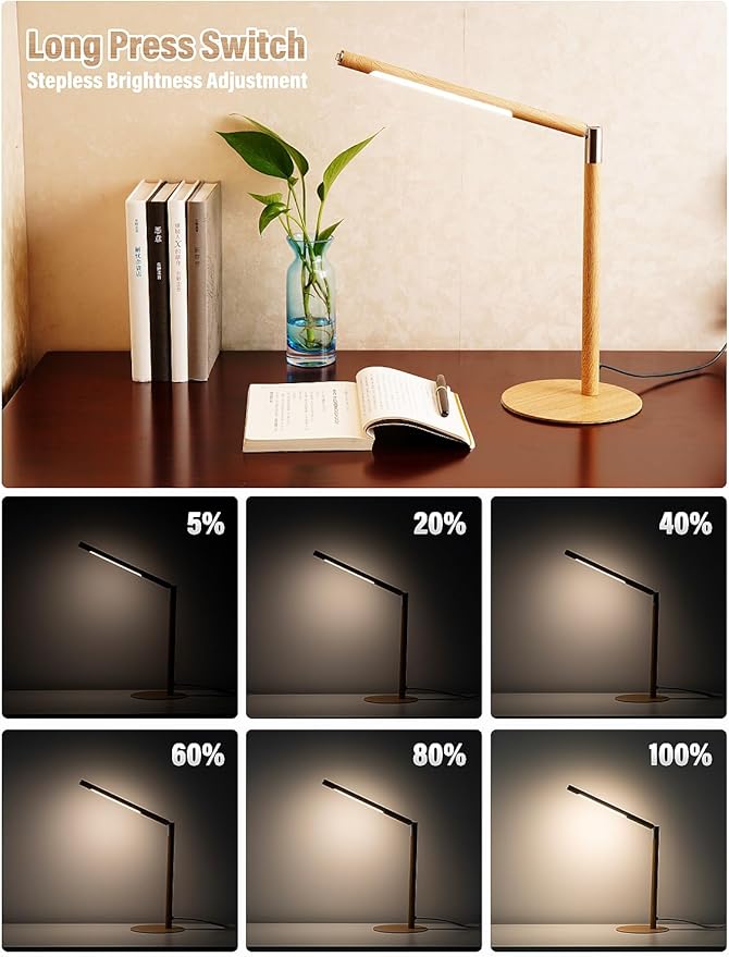 LED Desk Lamp, Home Office Eye Lamp, 3 Modes, Infinitely Adjustable Brightness, Metal, Multi-Angle Adjustment, Detachable Desk Lamp with USB (Wood Grain)