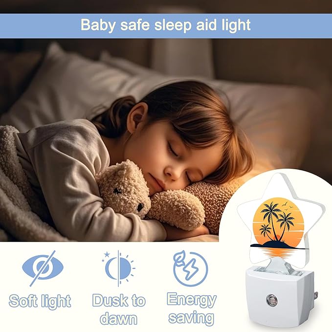 Tropical Palm Trees Night Lights Plug Into Wall,Beach Sunset Star Night Light for Kids,Nightlight with Dusk to Dawn Smart Sensor for Bedroom Bathroom Decor,Children Women Men Gift