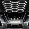 Glitgate Hexagon Garage Lights, Car Detailing & Gym, 476W 52360LM LED Shop Light, 6500K Hexagon Ceiling Light Grid, Modern LED Ceiling Light for Showroom Barber Shop