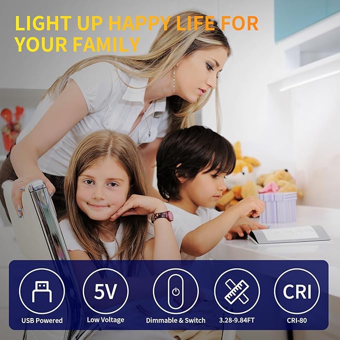 COB LED Strip Light 5V USB Tape 320LED/m Dimmable LED Strip Light USB TV Backlight Flexible Under Cabinet Tape Light for Bedroom,Kitchen,Home DIY Lighting (6500K, 9.84FT)