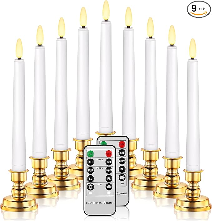 LED Christmas Window Candle with 2 Remotes Battery Operated Flameless Taper Candles Warm Light Flickering and Timer for Wedding Party Holiday Home Table Decoration (9 Packs,White+Gold Holder)…