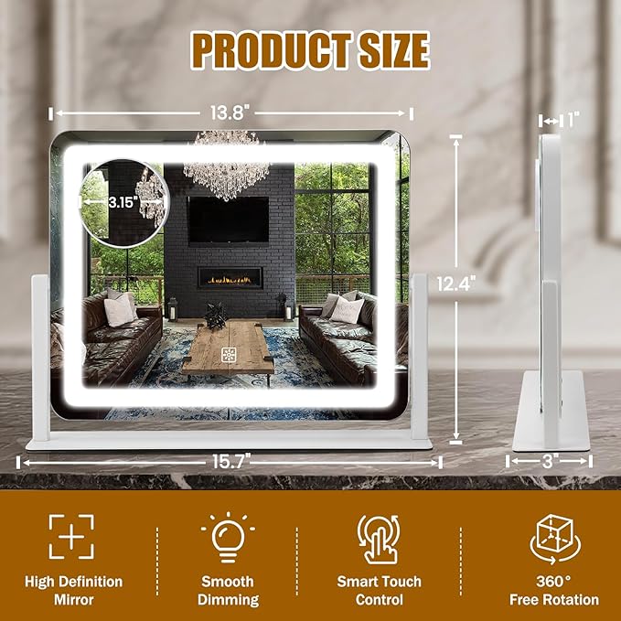 Vanity Mirror with Lights, 16"×12.4" LED Makeup Mirror, Rounded Frame, 10X Magnification, Smart Touch with 3-Color Lighting, Dimmable, 360° Rotation, Lighted Up for Makeup Desk, Bedroom (White)