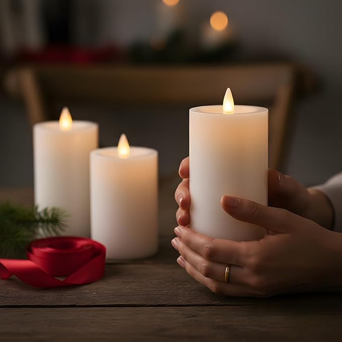 Flameless Pillar Candles Flickering with Remote Timer, Battery Operated LED Candles Up to 400 Hours, 3D Moving Flame Real Wax Candles, Set of 3, D3 x H4, 5", 6",Remote Included(Ivory)