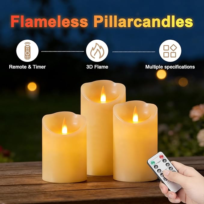 Rechargeable Flameless Candle, Realistic 3D Flickering Warm Flame, LED Candle with Remote Control & Timer for Holiday, Wedding, Patio and Home Decoration
