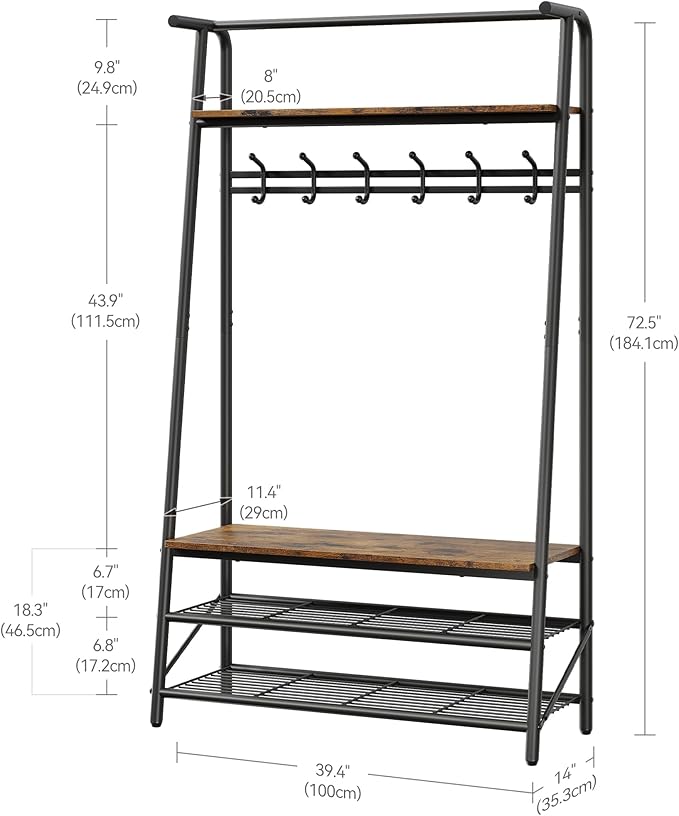 39" Coat Rack, Hall Tree with Shoe Bench for Entryway, 4-Tier Shelf With Hooks Hall Tree with Storage, 4 in 1 Freestanding Metal Frame Multifunctional Hallway Organizer, Accent Furniture for Bathroom