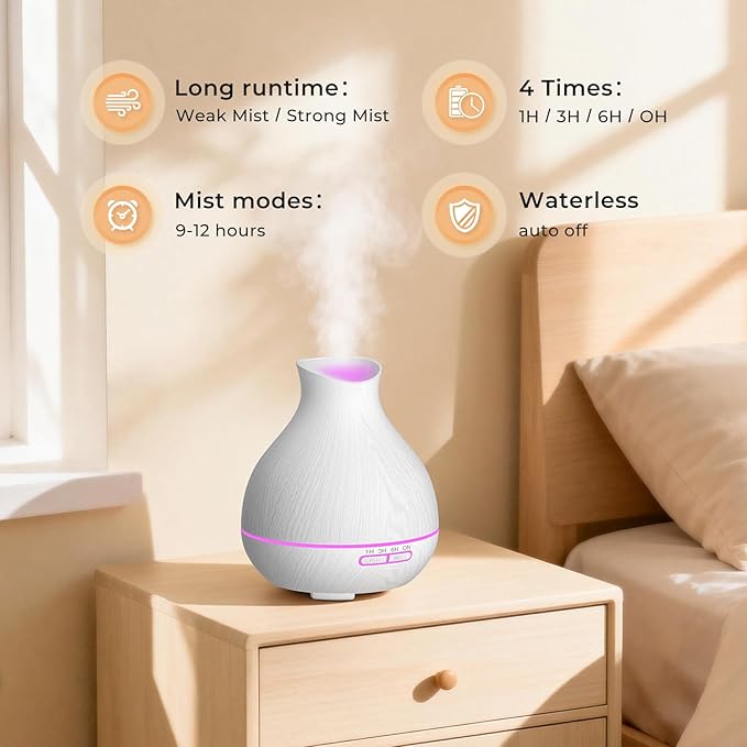 BZseed Aromatherapy Essential Oil Diffuser 550ml 12 Hours White Wood Grain Aroma Diffuser with Timer for Large Room, Home, Baby Bedroom, Waterless Auto Shut-Off, 7 Colors Lights Changing