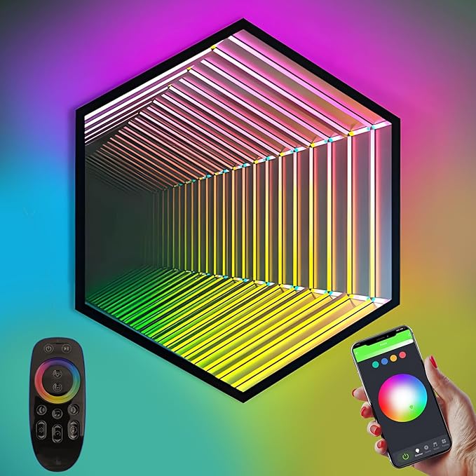 3D Infinity Mirror Light, 28" Hexagon LED Tunnel Wall Light with 358 LEDs, App & Remote RGB Color Changing Mirror for Gaming Room Decor, Party, Bar, Geometric Art Deco Wall Mounted
