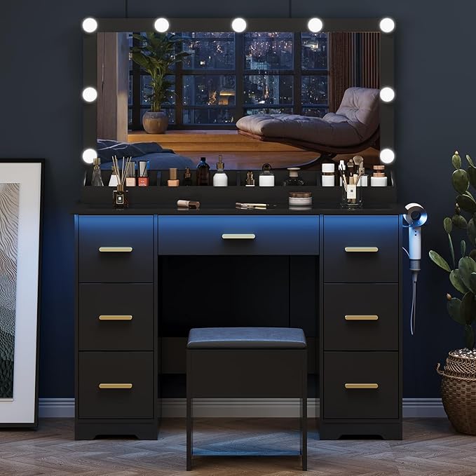 44" Vanity Desk with 38" Large Mirror and 9 LED Lights & Glass Top and Power Outlet, Makeup Vanity Set with Drawers & Chair and RGB Ambient Light, Desk Table for Girls, Modern Black