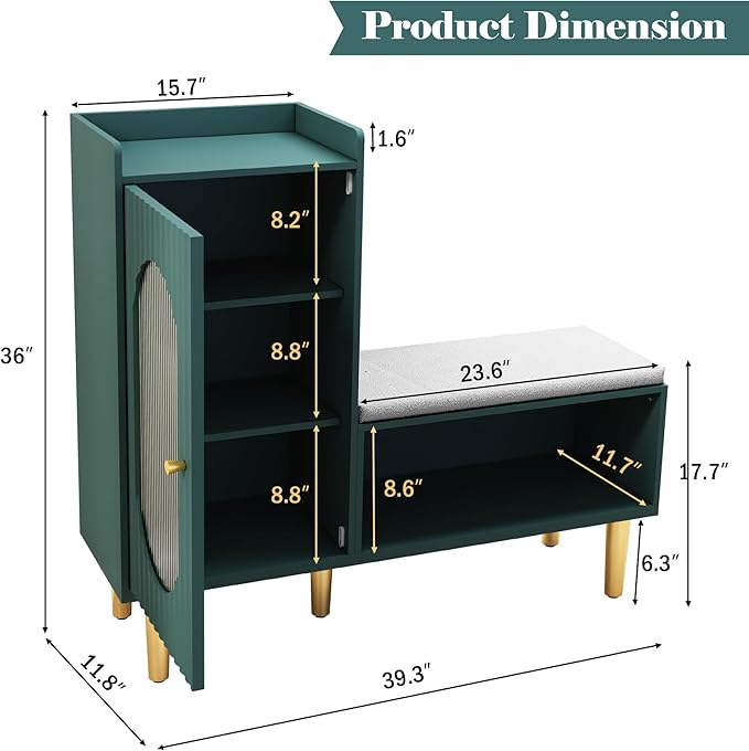 HLR Storage Bench Set of 2, Green Modern Entryway Shoe Cabinet Bench with Glass Door&Shelf, L-Shaped Storage Cabinet with Padded Seat for Hallway, Bedroom, Living Room, Office