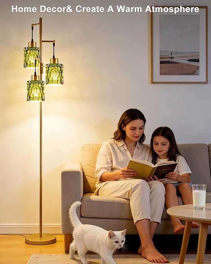 3-Light Floor Lamps for Living Room, Farmhouse Dimmable Gold Floor Lamp with Green Glass Shade& Bulbs Included, Mid Century Standing Tall Lamp for Bedroom/Sofa Beside/Corner