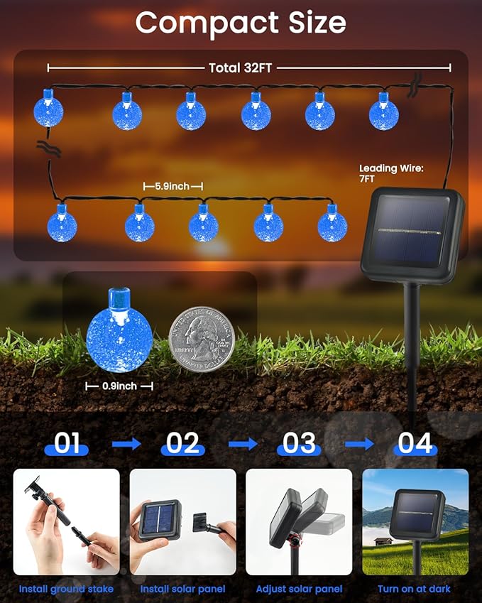 LORRYTE 2-Pack 120 LED Blue Solar String Lights Outdoor - 72FT Crystal Globe Waterproof Solar Powered Patio Lights for Outside with 8 Lighting Modes for Garden Yard Party Porch Decorations