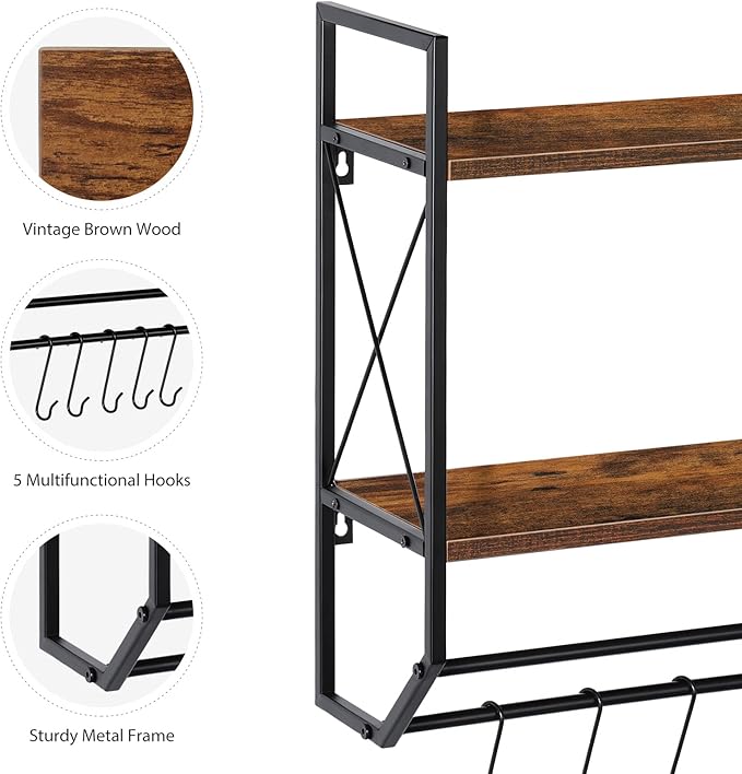 Bathroom Towel Rack 2 Tier Wall Shelf with Towel Bar, Rustic Towel Rack with Shelf for Wall Storage Shelves with Hooks Over Toilet Shelf Wall Mounted Towel Holder Shelf Floating Shelves for Home Brown