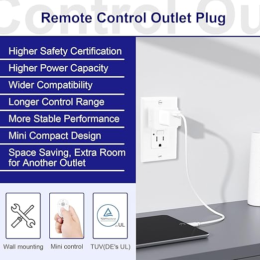 Greencycle Remote Control Outlet,Wireless Light Switch and 4 Outlet Plugs,Remote Outlets Switch,No Wiring Needed,500ft Range Coverage,15A/1500W for Lamps,Fans,TV,FCC Certified, White