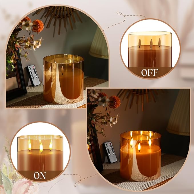 Retisee 6'' x 6'' Extra Large Flameless Candles, 3 Wick Glass Large Candles with Remote Control and Timer Function, Real Wax LED Pillar Flickering for St. Patrick's Spring Party Decor(Gold,1 Pcs)