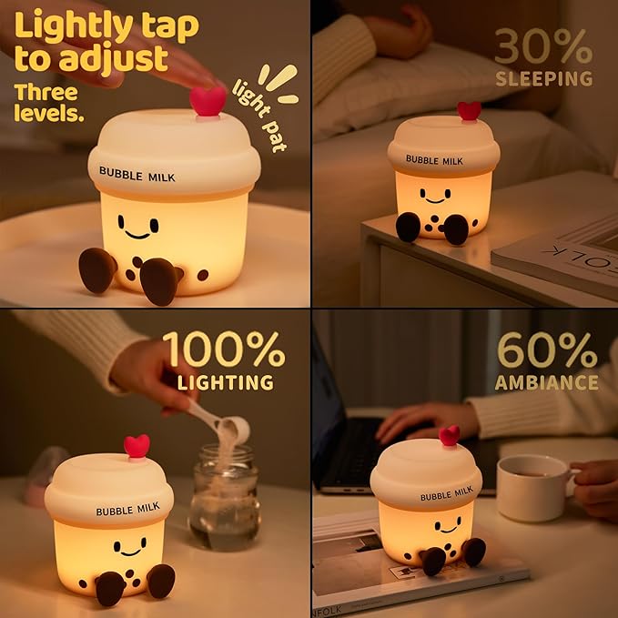 Cute Loving Bubble Milk Cup Night Light, 3-Level Dimmable Soft Light, Timed, Rechargeable, Silicone Bedside Touch Lamp, Creates a Cozy Ambiance, Ideal Decoration and Gift for Girls, Women, and Kids