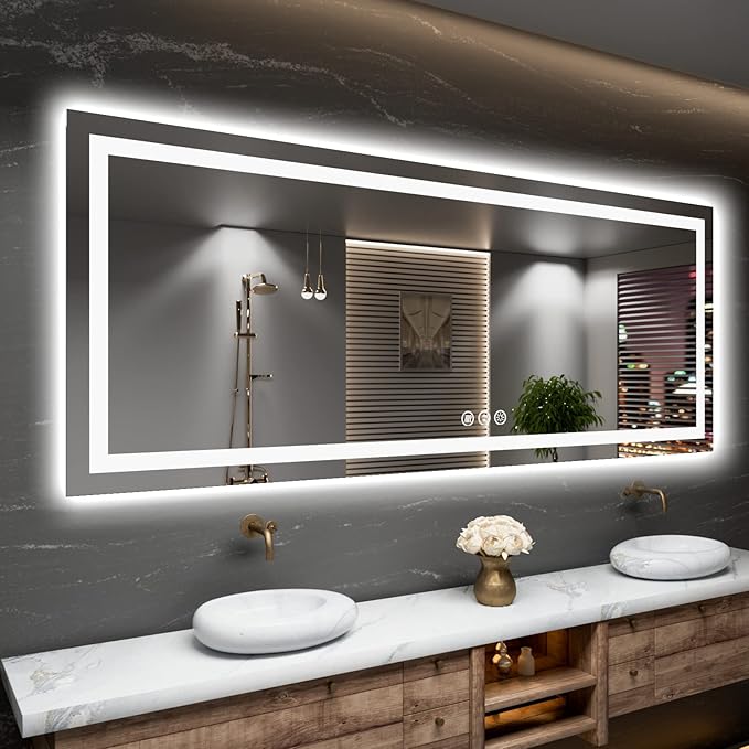 Amorho 84" X40" LED Mirror for Bathroom with Front and Backlight, Large Dimmable Wall Mirrors with Anti-Fog, Shatter-Proof, Memory, 3 Colors, Double LED Vanity Mirror