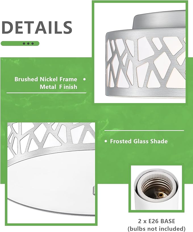 2-Light Flush Mount Ceiling Light,12 inch Modern Close to Ceiling Light Fixture with Brushed Nickel Metal and Frosted Glass Shade for Hallway, Kitchen, Bedroom(2 PK)