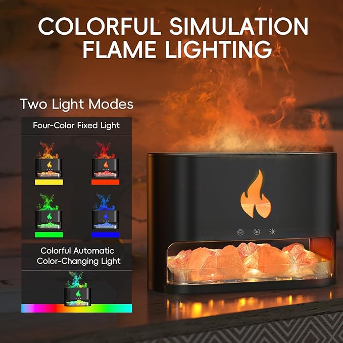 Essential Oil Diffuser, Fireplace Flame Fire Oil Diffuser, 250ml Himalayan Salt Lamp Diffuser, Cool Mist Aromatherapy Humidifier with 7 Colors Light, Timer & Auto-Off for Home, Room (Black)