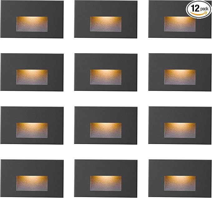 Stair Lights Outdoor Indoor LED Step Lights, 12V Low Voltage Stairway Light 4W 3000K Warm White, IP66 Waterproof Deck Staircase Light, Horizontal, Black, 12-Pack