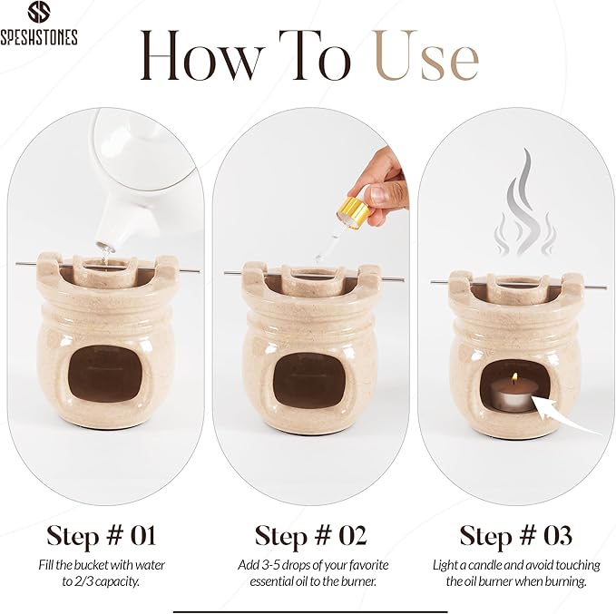 Marble Essential Oil Burner for Scented Oil 4.5 Inch Beige Wax Melt Warmer & Tealight Candle Holder for Home Decor, Stone Aromatherapy Diffuser for Office and Room Fragrance