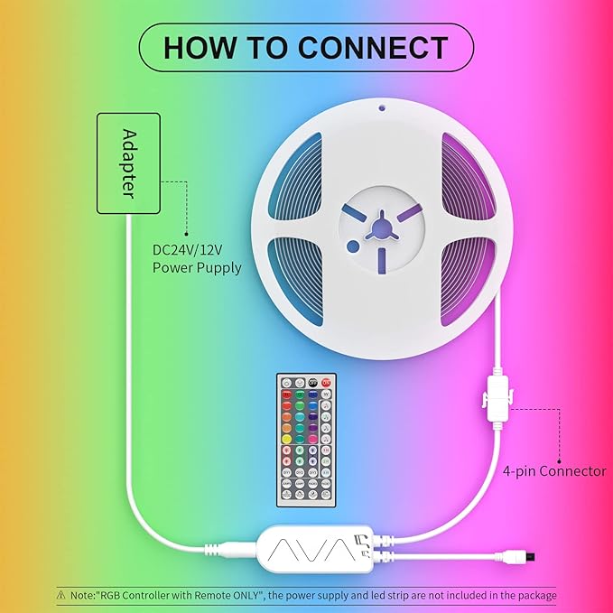 PAUTIX RGB LED Strip Light Wireless Smart Controller, 44-Key Remote and APP Control, Music Sync, Replaced Controller for 12V/24V 4-Pin COB SMD LED Strip Light, DIY and Timer Function