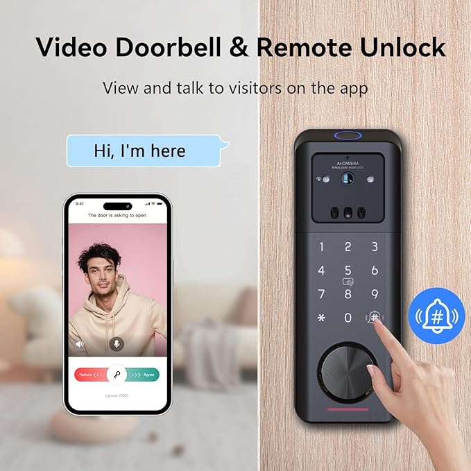 3D Face Recognition Smart Lock with Camera, Palm Vein, Fingerprint & Keypad Access, Keyless Entry Biometric Deadbolt for Front Door, Video Doorbell, 2-Way Audio, Night Vision, Tuya App, Alexa