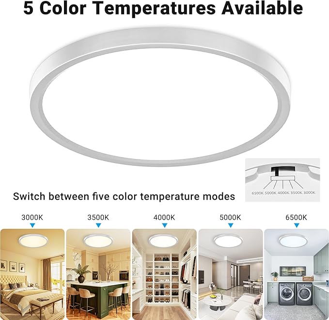 2 Pack LED Flush Mount Ceiling Light,12Inch 24W,3000K/3500K/4000K/5000K/6500K 5 Color Temperatures Ceiling Light Fixture for Kitchen Porch Hallway Bedroom Bathroom and Closet,Brushed Nickel