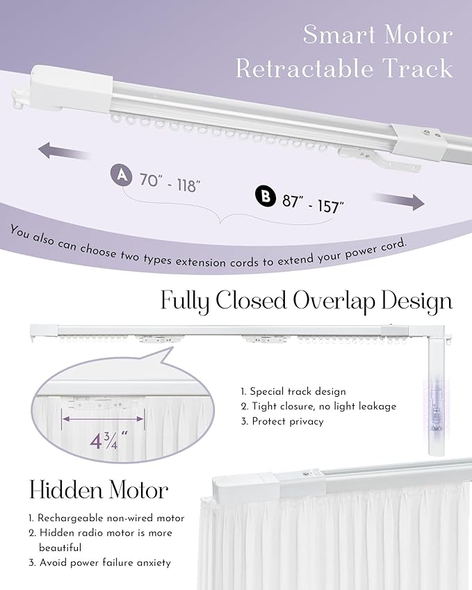 Graywind Retractable Smart Curtain Track Motorized Center-Opening Rail, Smart Curtains System Compatible with Alexa/Google Home (70-118inch)