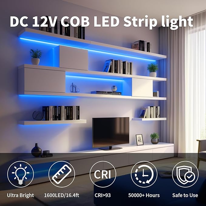 Blue COB LED Strip Light, 5M Cuttable Tape Lights with Power Plug, 1600 LEDs High Bright CRI93+ Flexible Dimmable Light Kit for Teen Boys Bedroom TV Backlight Gaming Room Monitor Kitchen Cabinet Decor