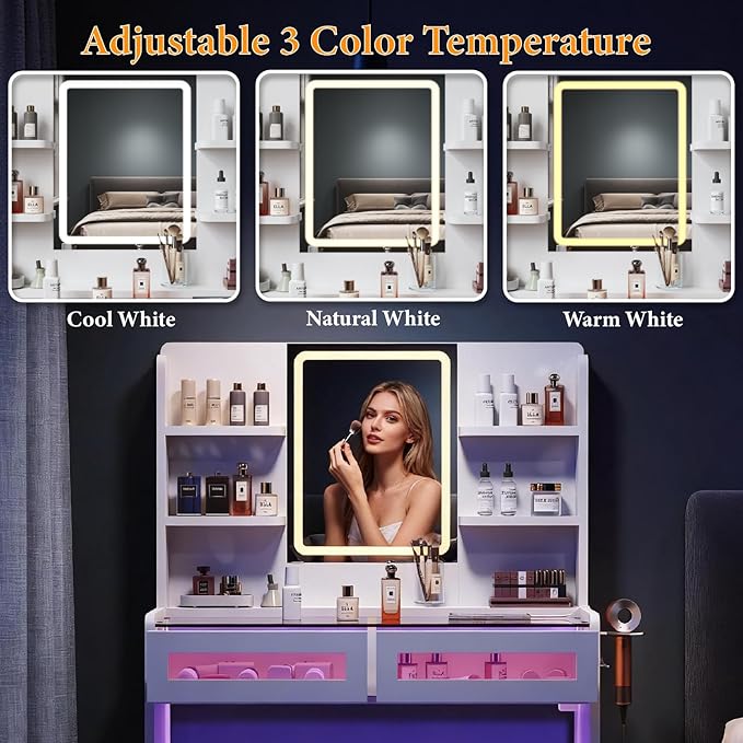 Vanity Desk with LED Lights Mirror & Power Outlet, Transparent Top Vanity with 2 RGB Drawers, 3 Lighting Modes & Adjustable Brightness, Dressing Table for Women Girls Bedroom, White