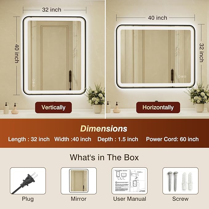 32x40 Inch LED Bathroom Mirror with Black Frame,Front and Backlit Vanity Mirror,Tempered Glass,Stepless Dimmable Wall Mirrors with Anti-Fog, 3 Colors, Memory, Waterproof, LED Smart Bathroom Mirror