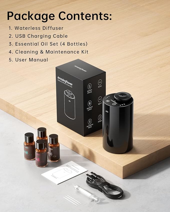 Waterless Essential Oil Diffuser with 4 x 10mL Hotel Scent Fragrance Oils, Rechargeable Car Diffuser Air Freshener Machine, 3 Timer & 3 Mist Modes, Aromatherapy Kit for Home