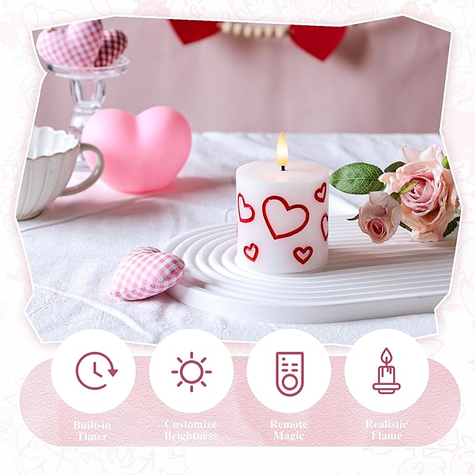 Valentine Day Flameless Pillar Candles with Remote, Real Wax Battery Operated Candles, 3 Pack Flickering LED Heart Candle for Proposal Wedding Anniversary Romantic Night