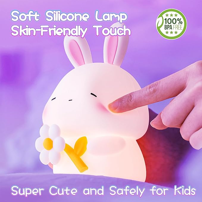 Bunny Night Light for Kids, 3 Level Dimmable Rabbit Nursery Nightlight, 1200mAh Soft Silicone Bedside Touch Lamps, Cute Rechargeable Easter Bunny Gifts for Baby Toddler Girls Boys Room Decor