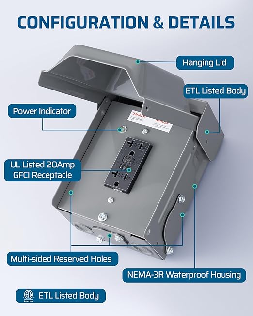 DEWENWILS Outdoor Electrical Outlet Box, 20 AMP WRTR GFCI Receptacles with Rainproof 3R Enclosure, Waterproof GFCI Outlet Box with Cover for Garden, Outdoor Lights, ETL Listed