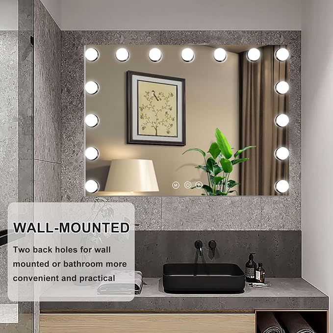 Kottova Vanity Mirror with Lights, 23"x18.1" Lighted Makeup Mirror with 15 Dimmable LED Bulbs, Hollywood Mirror with 3 Color Lightings, USB Charging Port Touch Control, Metal Frame,Plug in (White)