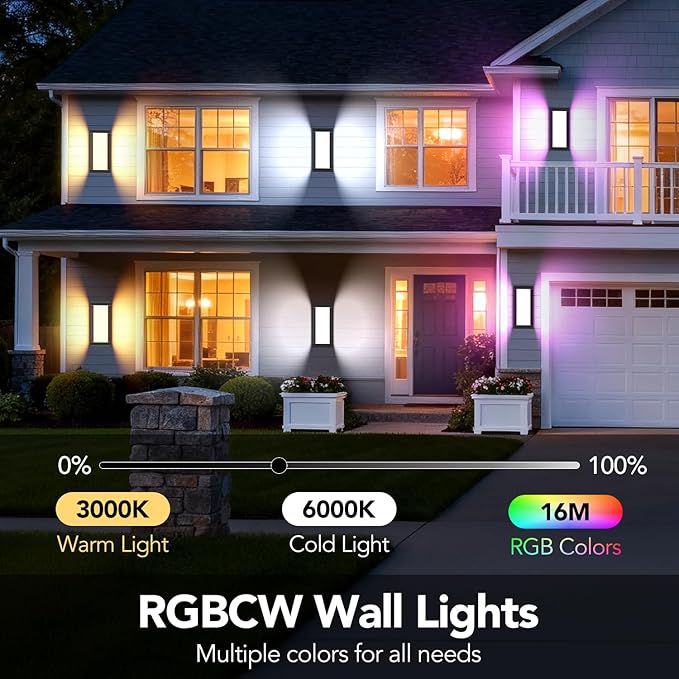 RGB Smart Outdoor Wall Lights,RGBCW Modern Outdoor Waterproof for Front Porch Light,WiFi APP Control Exterior Lighting Fixtures,LED Wall Mount Outside Lights for House,Garage,Backyard(2 Pack)