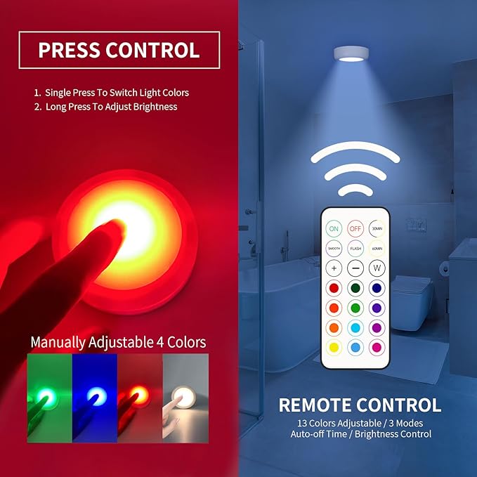 LED Puck Lights with Remote Control,Wireless Under Cabinet Lighting Battery Operated, Dimmable Timing Function Push Lights for Kitchen Cabinets, Christmas, Bedrooms (6 Packs)