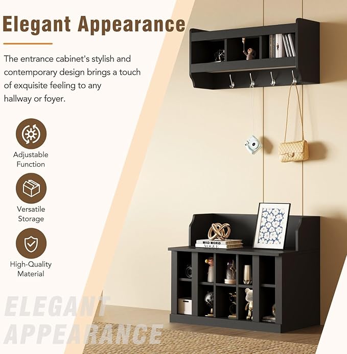 Contemporary Shoe Storage Bench with Wall Mounted Coat Rack, Elegant Hall Tree for Entryway, Mudroom, Black