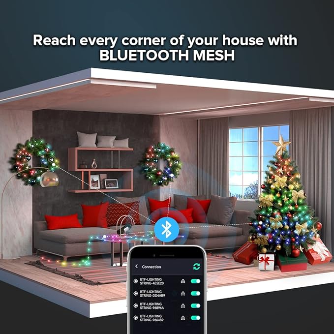 BTF-LIGHTING RGB IC WS2812B USB Twinkle Smart Fairy Light String 32.8FT 100pixel Transparent Wire Music Bluetooth Mesh APP IR Remote DIY Control Sync Color Chasing IP65 For Christmas Tree Bedroom DC5V