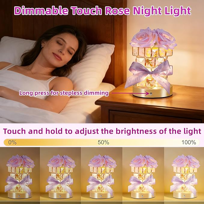 Rose Flower Lamp,Rechargeable Cordless Touch Table Lamp for Bedroom,3-Colour Dimming Flowers Night Light,Crystal Bedside Lamps with USB Charge,Birthday Valentine's Day Gifts for Women,Mom,Wife,Her